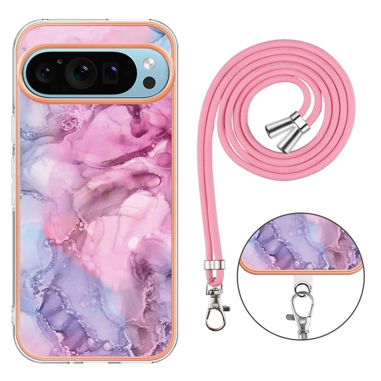 For Google Pixel 9 / 9 Pro Electroplating Marble Dual-side IMD Phone Case with Lanyard(Pink 013) - Google Cases by buy2fix | Online Shopping UK | buy2fix