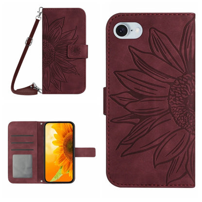 For iPhone SE 2024 Skin Feel Sun Flower Embossed Flip Leather Phone Case with Lanyard(Wine Red) - More iPhone Cases by buy2fix | Online Shopping UK | buy2fix