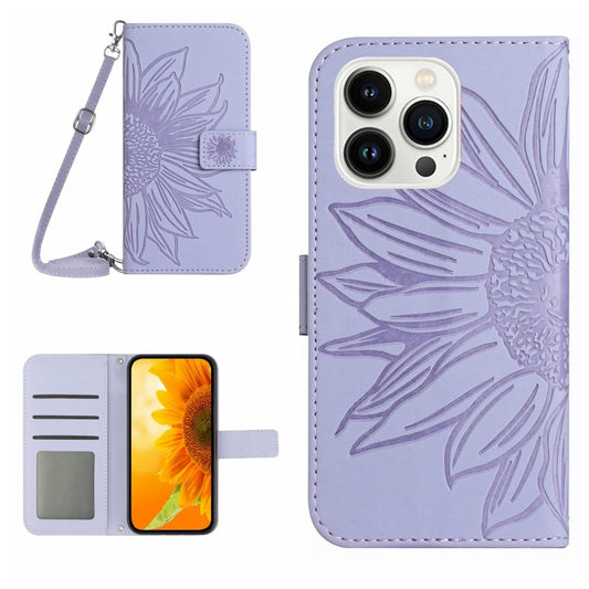 For iPhone 16 Pro Skin Feel Sun Flower Embossed Flip Leather Phone Case with Lanyard(Purple) - iPhone 16 Pro Cases by buy2fix | Online Shopping UK | buy2fix