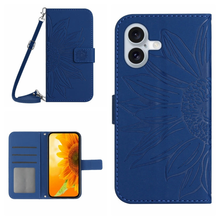 For iPhone 16 Plus Skin Feel Sun Flower Embossed Flip Leather Phone Case with Lanyard(Dark Blue) - iPhone 16 Plus Cases by buy2fix | Online Shopping UK | buy2fix