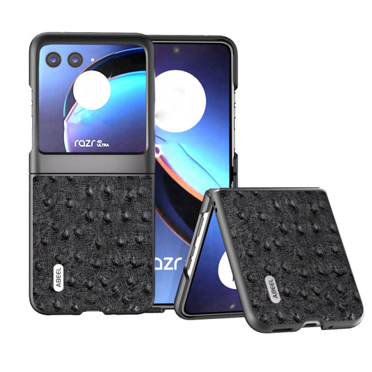 For Motorola Razr 40 Ultra ABEEL Genuine Leather Ostrich Texture Phone Case(Black) - Motorola Cases by buy2fix | Online Shopping UK | buy2fix