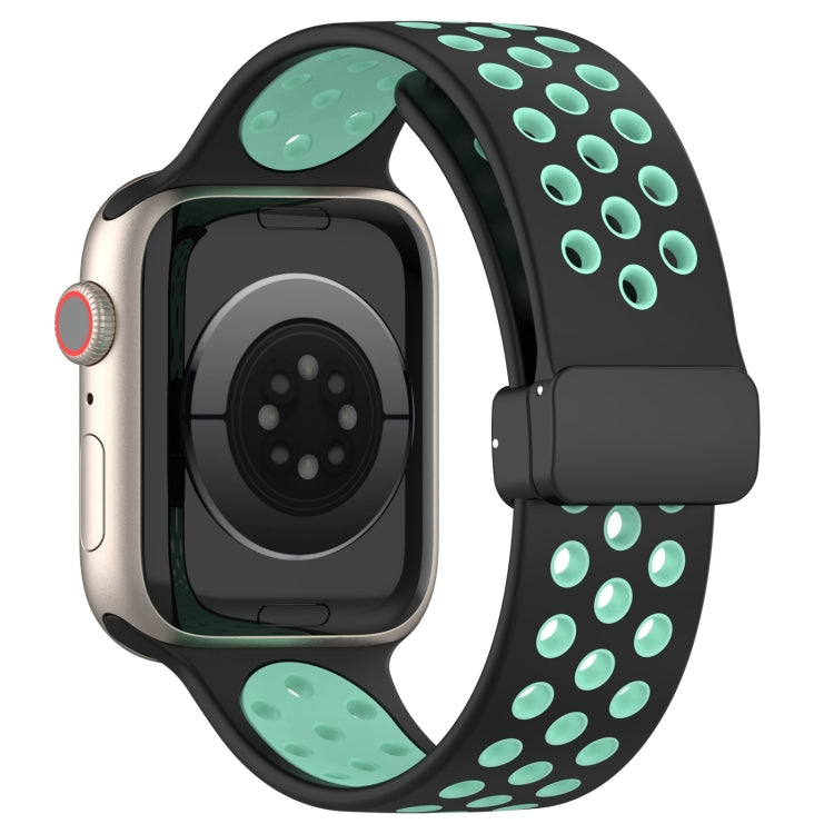 For Apple Watch 3 38mm Magnetic Buckle Silicone Watch Band(Black Cyan) - Watch Bands by buy2fix | Online Shopping UK | buy2fix