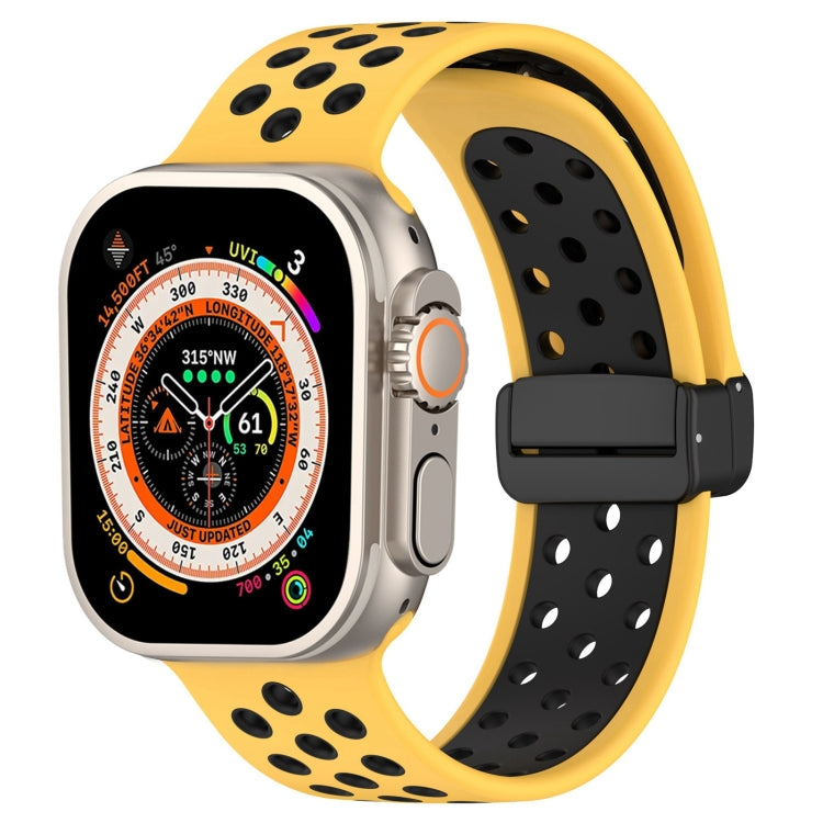 For Apple Watch Series 9 41mm Magnetic Buckle Silicone Watch Band(Yellow Black) - Watch Bands by buy2fix | Online Shopping UK | buy2fix