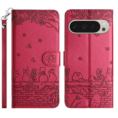 For Google Pixel 9 Pro XL Cat Embossing Pattern Leather Phone Case with Lanyard(Red) - Google Cases by buy2fix | Online Shopping UK | buy2fix