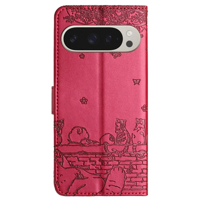 For Google Pixel 9 Pro XL Cat Embossing Pattern Leather Phone Case with Lanyard(Red) - Google Cases by buy2fix | Online Shopping UK | buy2fix