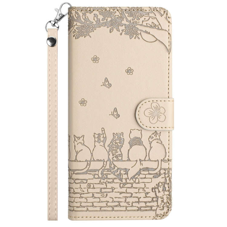 For iPhone 16 Plus Cat Embossing Pattern Leather Phone Case with Lanyard(Beige) - iPhone 16 Plus Cases by buy2fix | Online Shopping UK | buy2fix