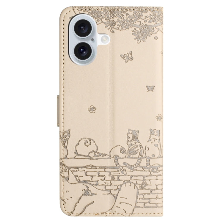 For iPhone 16 Plus Cat Embossing Pattern Leather Phone Case with Lanyard(Beige) - iPhone 16 Plus Cases by buy2fix | Online Shopping UK | buy2fix