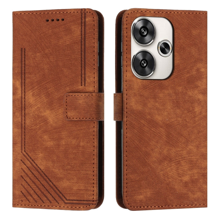 For Xiaomi Redmi Turbo 3 Skin Feel Stripe Pattern Leather Phone Case with Long Lanyard(Brown) - Xiaomi Cases by buy2fix | Online Shopping UK | buy2fix