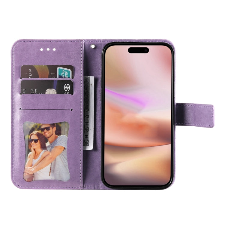 For iPhone 16 Plus 7-petal Flowers Embossing Leather Phone Case(Light Purple) - iPhone 16 Plus Cases by buy2fix | Online Shopping UK | buy2fix