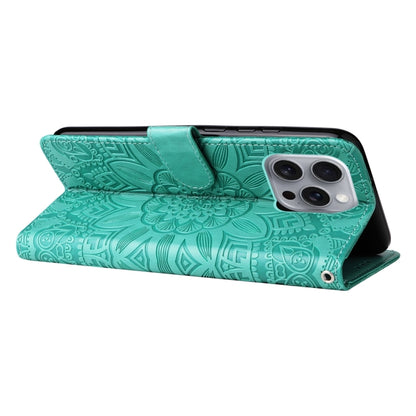 For iPhone 16 Pro Max Embossed Sunflower Leather Phone Case(Green) - iPhone 16 Pro Max Cases by buy2fix | Online Shopping UK | buy2fix