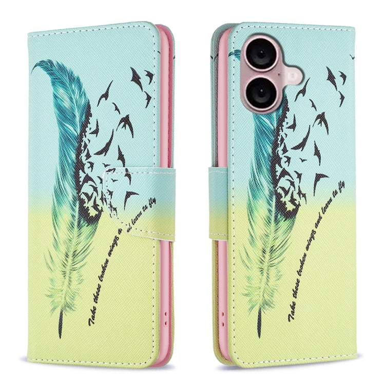 For iPhone 16 Colored Drawing Pattern Leather Phone Case(Feather) - iPhone 16 Cases by buy2fix | Online Shopping UK | buy2fix