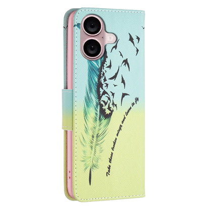 For iPhone 16 Colored Drawing Pattern Leather Phone Case(Feather) - iPhone 16 Cases by buy2fix | Online Shopping UK | buy2fix