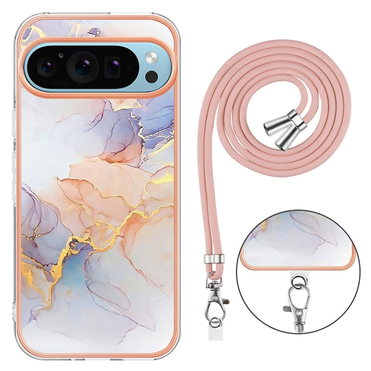 For Google Pixel 9 / 9 Pro Electroplating IMD TPU Phone Case with Lanyard(White Marble) - Google Cases by buy2fix | Online Shopping UK | buy2fix