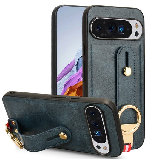 For Google Pixel 9 Pro XL Wristband Leather Back Phone Case(Blue) - Google Cases by buy2fix | Online Shopping UK | buy2fix