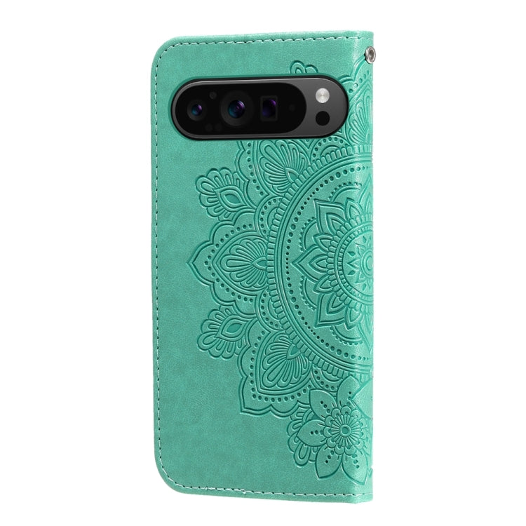 For Google Pixel 9 Pro 7-petal Flowers Embossing Leather Phone Case(Green) - Google Cases by buy2fix | Online Shopping UK | buy2fix