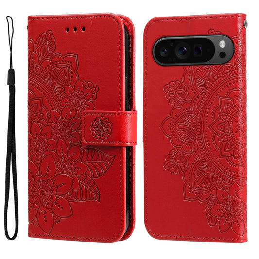 For Google Pixel 9 Pro 7-petal Flowers Embossing Leather Phone Case(Red) - Google Cases by buy2fix | Online Shopping UK | buy2fix