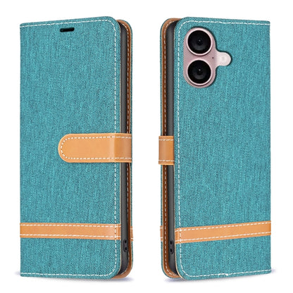 For iPhone 16 Plus Color Block Denim Texture Leather Phone Case(Green) - iPhone 16 Plus Cases by buy2fix | Online Shopping UK | buy2fix