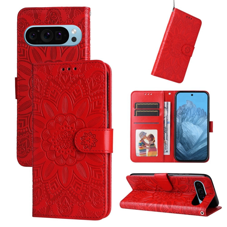 For Google Pixel 9 Embossed Sunflower Leather Phone Case(Red) - Google Cases by buy2fix | Online Shopping UK | buy2fix