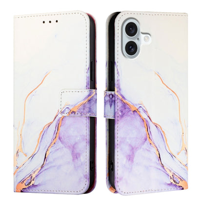 For iPhone 16 Plus PT003 Marble Pattern Flip Leather Phone Case(White Purple LS006) - iPhone 16 Plus Cases by buy2fix | Online Shopping UK | buy2fix