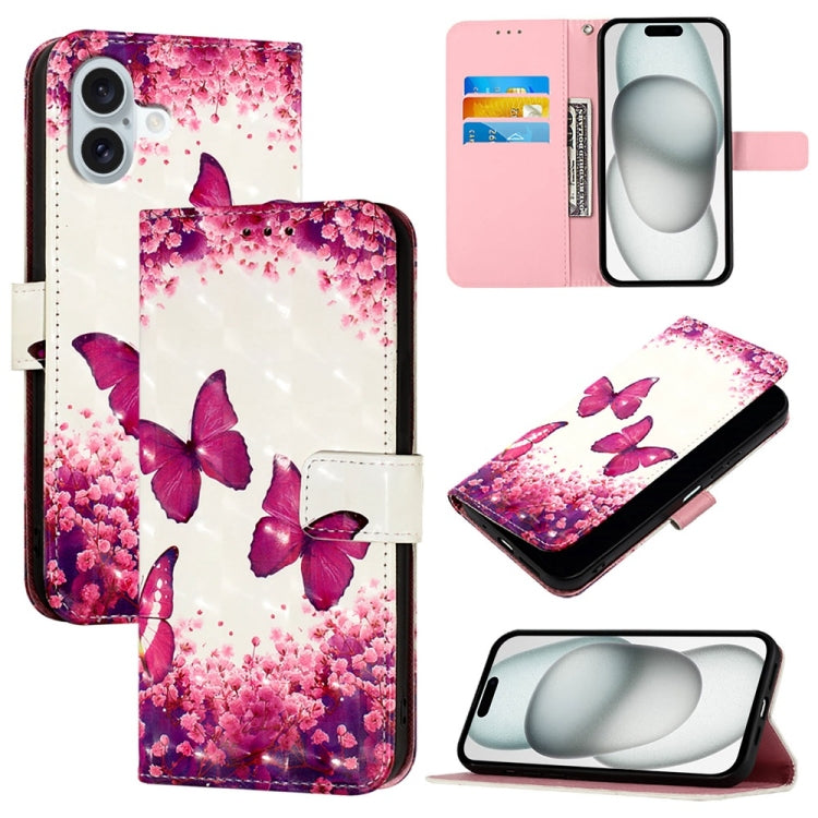 For iPhone 16 Plus 3D Painting Horizontal Flip Leather Phone Case(Rose Butterfly) - iPhone 16 Plus Cases by buy2fix | Online Shopping UK | buy2fix