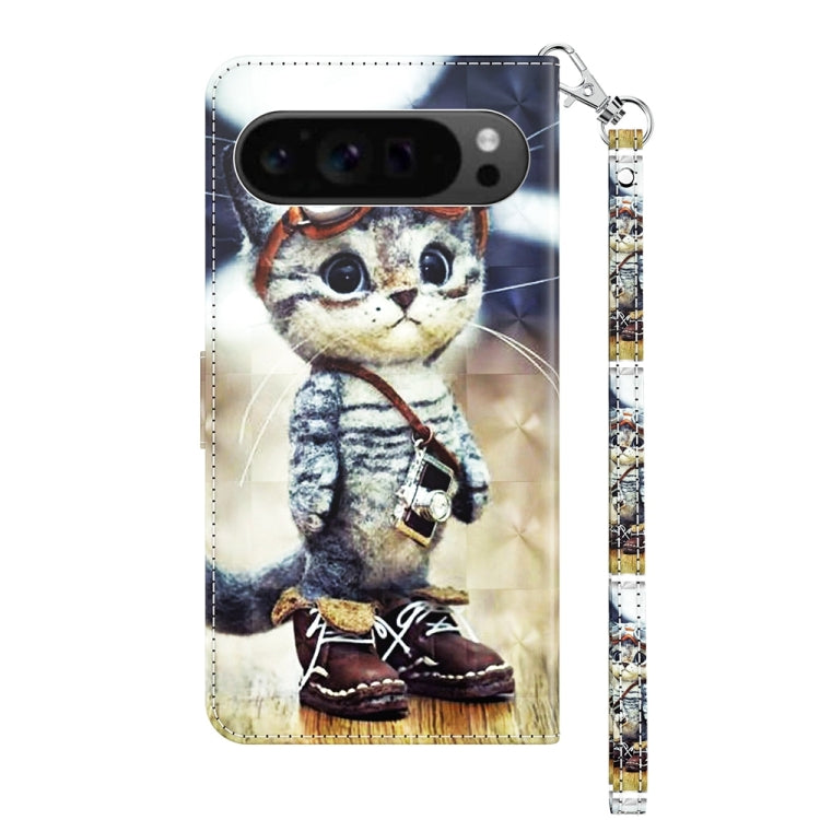 For Google Pixel 9 3D Painted Pattern Leather Phone Case(Naughty Cat) - Google Cases by buy2fix | Online Shopping UK | buy2fix