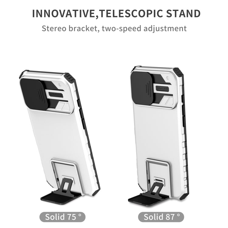 For iPhone 16 Stereoscopic Holder Sliding Camshield Phone Case(White) - iPhone 16 Cases by buy2fix | Online Shopping UK | buy2fix