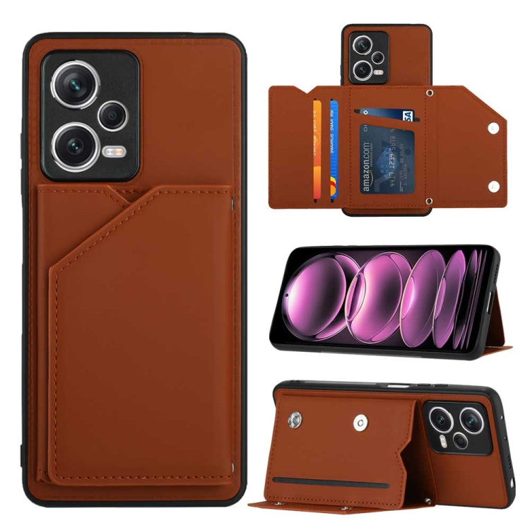 For Xiaomi Redmi Note 12 Pro+ 5G Global Skin Feel PU + TPU + PC Card Slots Phone Case(Brown) - Xiaomi Cases by buy2fix | Online Shopping UK | buy2fix