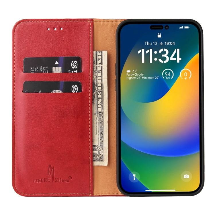 For iPhone 15 Pro Max Fierre Shann PU Genuine Leather Texture Phone Case(Red) - iPhone 15 Pro Max Cases by FIERRE SHANN | Online Shopping UK | buy2fix