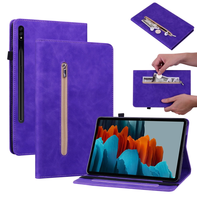 For Samsung Galaxy Tab S9+ Skin Feel Solid Color Zipper Leather Tablet Case(Purple) - Galaxy Tab S9+ Cases by buy2fix | Online Shopping UK | buy2fix