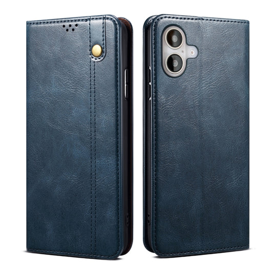 For iPhone 16 Oil Wax Crazy Horse Texture Leather Phone Case(Blue) - iPhone 16 Cases by buy2fix | Online Shopping UK | buy2fix