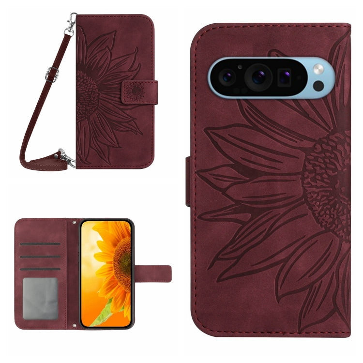 For Google Pixel 9 Skin Feel Sun Flower Embossed Flip Leather Phone Case with Lanyard(Wine Red) - Google Cases by buy2fix | Online Shopping UK | buy2fix