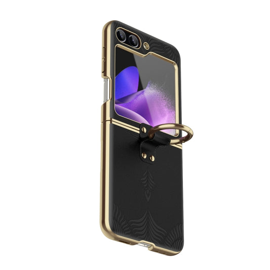 For Samsung Galaxy Z Flip6 Electroplated Embossed Leather Phone Case with Ring(Black) - Galaxy Z Flip6 5G Cases by buy2fix | Online Shopping UK | buy2fix