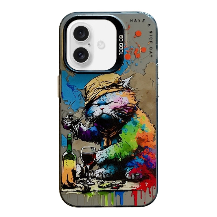 For iPhone 16 Plus Animal Pattern Oil Painting Series PC + TPU Phone Case(Drinking Cat) - iPhone 16 Plus Cases by buy2fix | Online Shopping UK | buy2fix