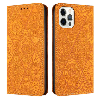 For iPhone 16 Pro Max Ethnic Embossed Adsorption Leather Phone Case(Yellow) - iPhone 16 Pro Max Cases by buy2fix | Online Shopping UK | buy2fix