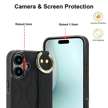 For iPhone 16 Plus Non-slip Full Coverage Ring PU Phone Case with Wristband(Black) - iPhone 16 Plus Cases by buy2fix | Online Shopping UK | buy2fix