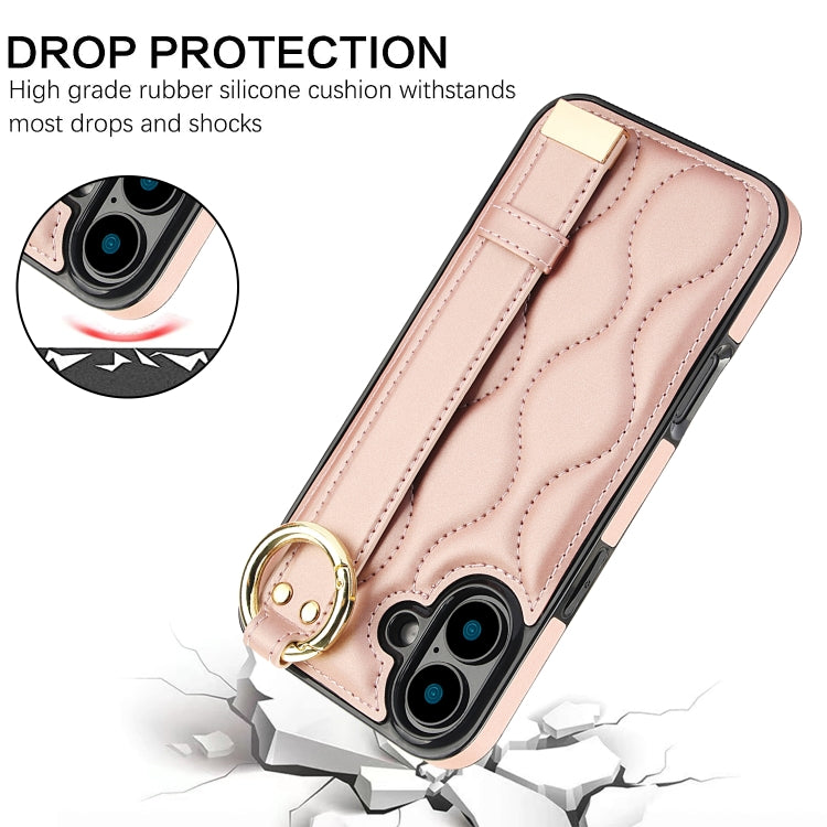 For iPhone 16 Plus Non-slip Full Coverage Ring PU Phone Case with Wristband(Rose Gold) - iPhone 16 Plus Cases by buy2fix | Online Shopping UK | buy2fix