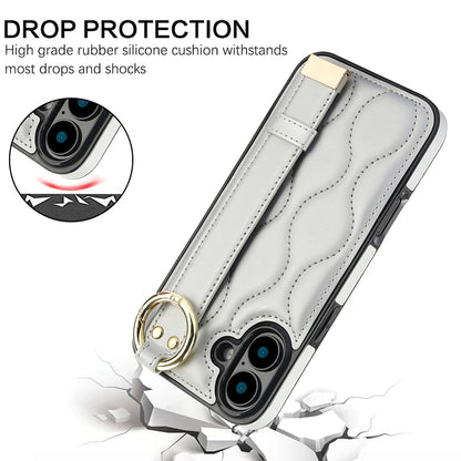 For iPhone 16 Plus Non-slip Full Coverage Ring PU Phone Case with Wristband(Silver) - iPhone 16 Plus Cases by buy2fix | Online Shopping UK | buy2fix