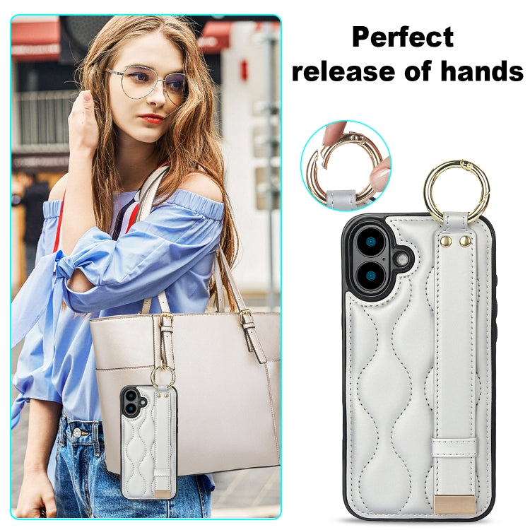 For iPhone 16 Plus Non-slip Full Coverage Ring PU Phone Case with Wristband(Silver) - iPhone 16 Plus Cases by buy2fix | Online Shopping UK | buy2fix