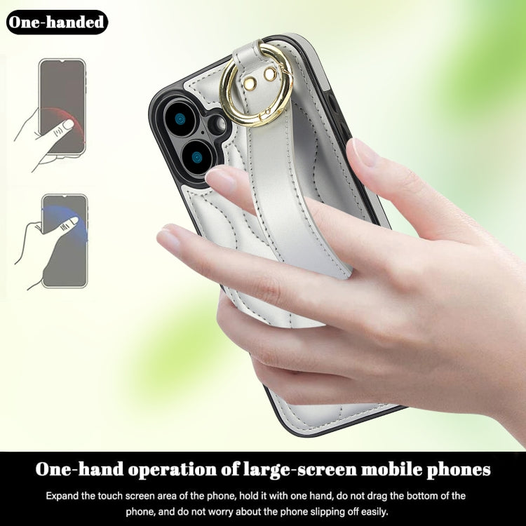 For iPhone 16 Plus Non-slip Full Coverage Ring PU Phone Case with Wristband(Silver) - iPhone 16 Plus Cases by buy2fix | Online Shopping UK | buy2fix