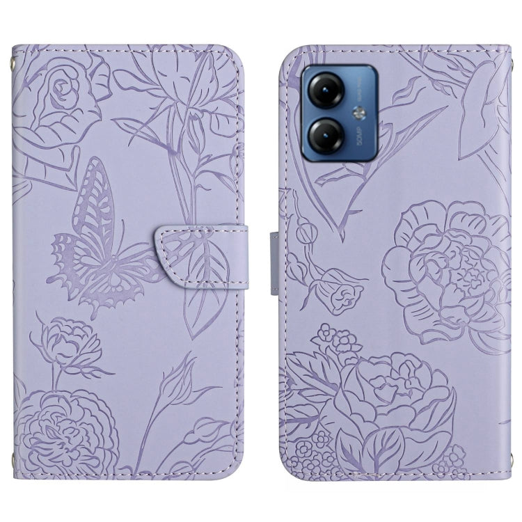 For Motorola Moto G54 HT03 Skin Feel Butterfly Embossed Flip Leather Phone Case(Purple) - Motorola Cases by buy2fix | Online Shopping UK | buy2fix