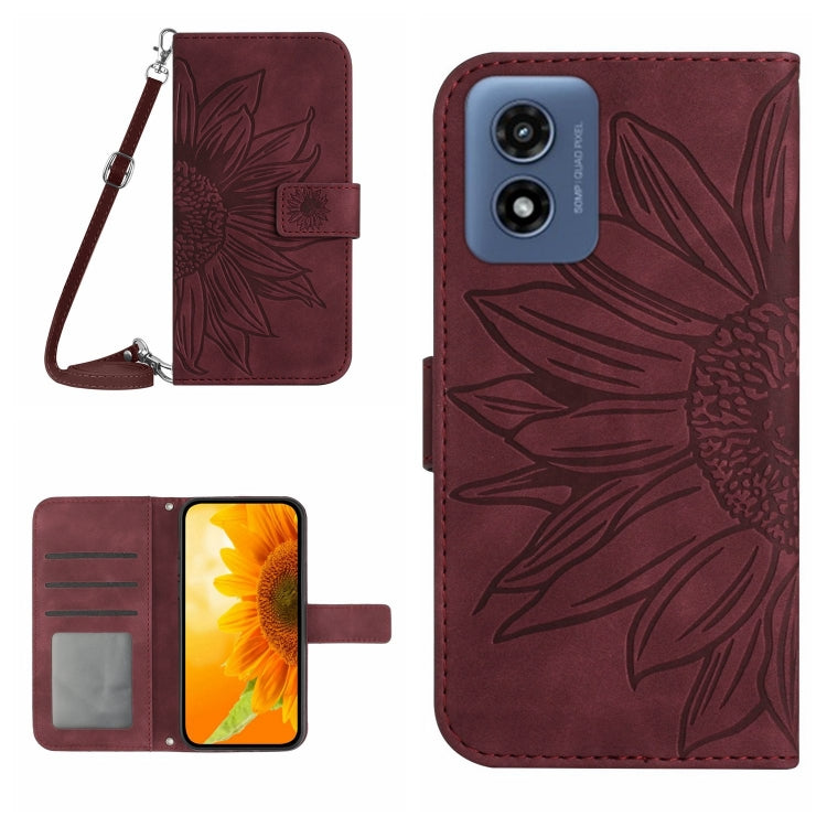 For Motorola Moto G Play 4G 2024 HT04 Skin Feel Sun Flower Embossed Flip Leather Phone Case with Lanyard(Wine Red) - Motorola Cases by buy2fix | Online Shopping UK | buy2fix