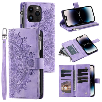 For iPhone 16 Pro Multi-Card Totem Zipper Leather Phone Case(Purple) - iPhone 16 Pro Cases by buy2fix | Online Shopping UK | buy2fix