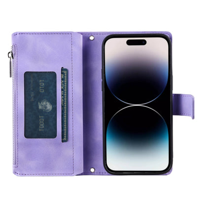 For iPhone 16 Pro Multi-Card Totem Zipper Leather Phone Case(Purple) - iPhone 16 Pro Cases by buy2fix | Online Shopping UK | buy2fix