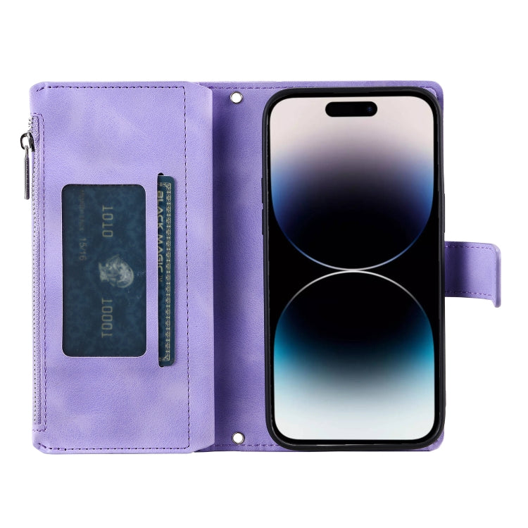 For iPhone 16 Multi-Card Totem Zipper Leather Phone Case(Purple) - iPhone 16 Cases by buy2fix | Online Shopping UK | buy2fix