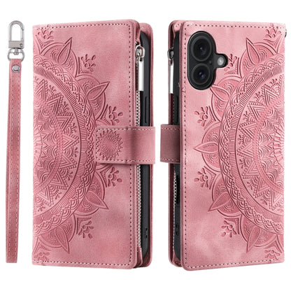 For iPhone 16 Multi-Card Totem Zipper Leather Phone Case(Pink) - iPhone 16 Cases by buy2fix | Online Shopping UK | buy2fix