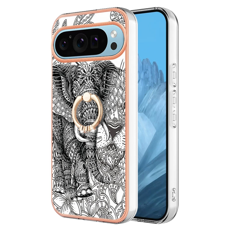 For Google Pixel 9 / 9 Pro Electroplating Dual-side IMD Phone Case with Ring Holder(Totem Elephant) - Google Cases by buy2fix | Online Shopping UK | buy2fix