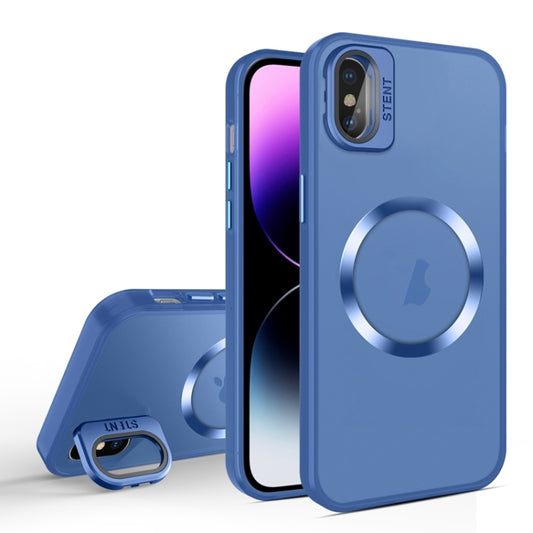 For iPhone X / XS Skin Feel CD Texture MagSafe Lens Holder Phone Case(Royal Blue) - More iPhone Cases by buy2fix | Online Shopping UK | buy2fix