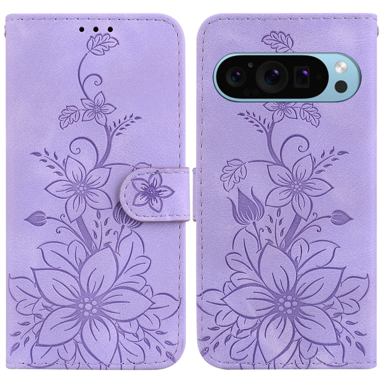 For Google Pixel 9 Lily Embossed Leather Phone Case(Purple) - Google Cases by buy2fix | Online Shopping UK | buy2fix