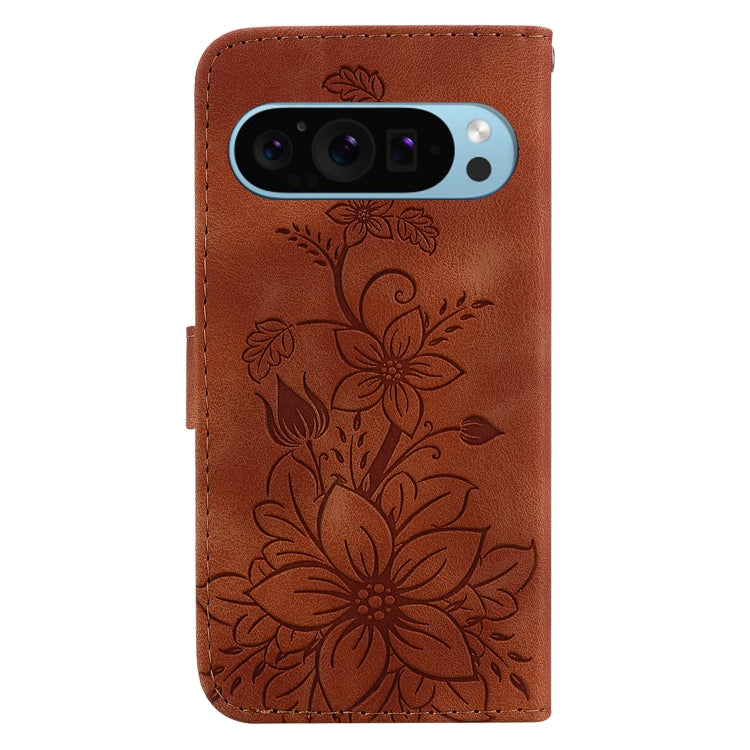 For Google Pixel 9 Lily Embossed Leather Phone Case(Brown) - Google Cases by buy2fix | Online Shopping UK | buy2fix