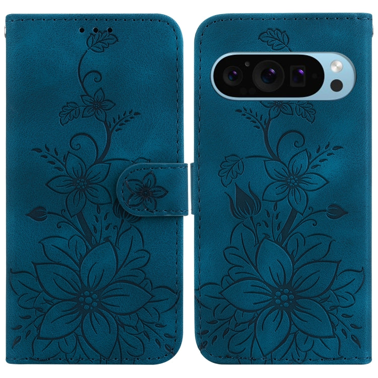 For Google Pixel 9 Lily Embossed Leather Phone Case(Dark Blue) - Google Cases by buy2fix | Online Shopping UK | buy2fix